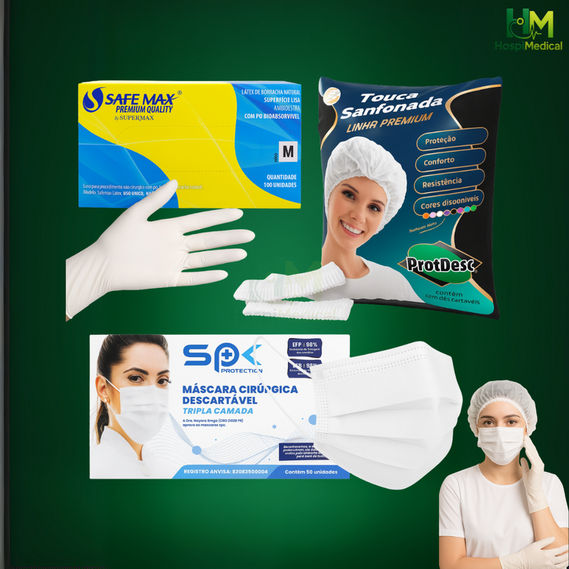 Kit Proteção Básica Hospimedical - Máscara, Luva e Touca
