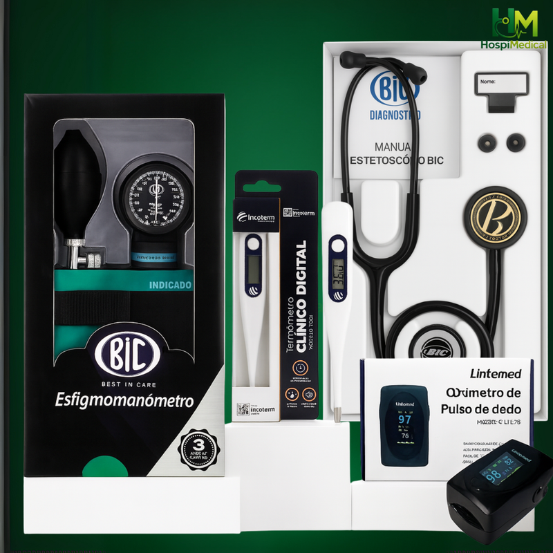 Kit Saúde Hospimedical Oxímetro + Termômetro + Aparelho de Pressão + Estetoscópio